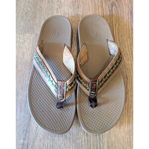 Chaco Playa Pro Leather Sandals Flip Flops Womens 7 Tan Green EmbroideredJ107260